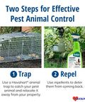 Two-step pest control showing Medium One Door Live Catch Humane Trap and repellent for rabbits, skunks, minks, and squirrels.