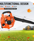 Gas Powered Handheld Leaf Blower 28cc Two Stroke With 475 CFM 200 MPH showing multifunctional design, on a grassy yard