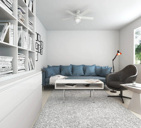 46 Inch Indoor Ceiling Fan With LED Light, White Finish, Pull Chain Control, Low Profile Mount in modern living room.