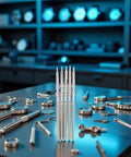 5 Piece Steel Watch Stem Crowns Kit For NH35 NH36 NH38 NH39 Movements on workbench with tools in background