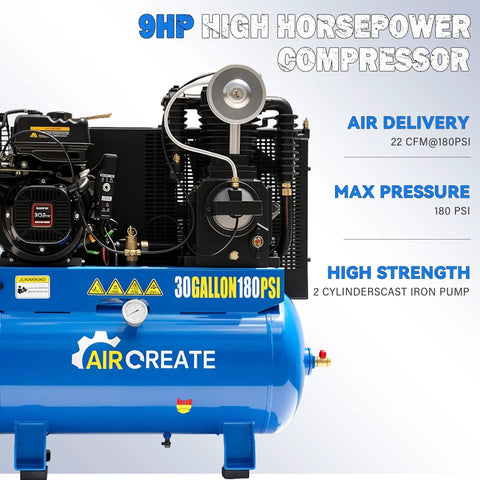 30 Gallon Gas Air Compressor With 9HP Engine And 180Psi Max Pressure Offering 22cfm Flow For Heavy Duty Jobs Electric Start 302Cc Motor Portable Design Perfect For Contractors And Auto Shops