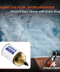 Marine Outboard Fuel Filter Water Separator with clear bowl assembly on a boat at sea.