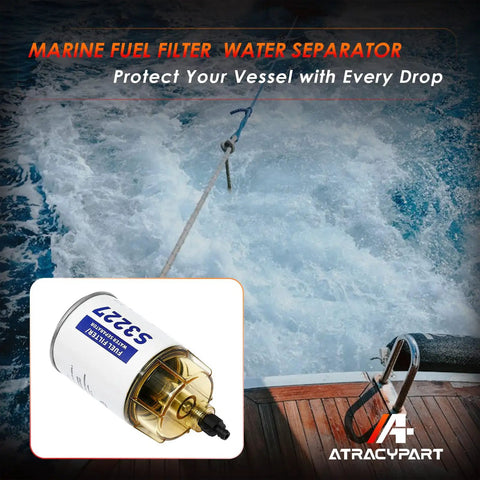Marine Outboard Fuel Filter Water Separator with clear bowl assembly on a boat at sea.