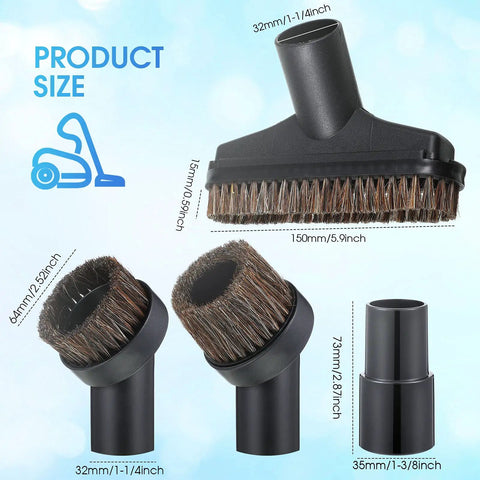 Vacuum Attachments Kit With Round Dust Brush And Floor Attachment, showing sizes and adapter for 1.25 inch hose, classic style.