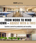 Image showing modern office spaces with adjustable lighting, featuring desks and greenery, highlighting versatility in workspace.