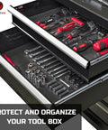 Heavy Duty Tool Box Liner 14 Inch Wide By 20 Feet Thick Non Slip Drawer Foam Mat installed in steel tool chest drawer with tools.