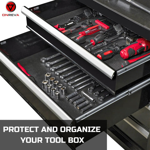 Heavy Duty Tool Box Liner 14 Inch Wide By 20 Feet Thick Non Slip Drawer Foam Mat installed in steel tool chest drawer with tools.