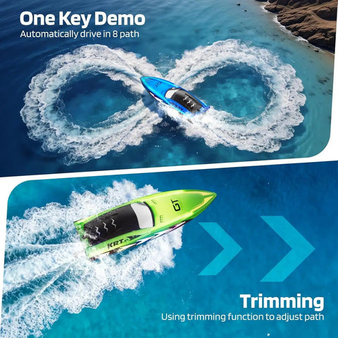 Kids RC Boat With 8 LED Light Modes, Waterproof All Around Design, demonstrating 8 path auto drive and trimming function in pool
