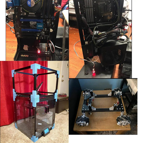 4 Pack 300mm V Slot Aluminum Extrusions used in black 3D printer frame and CNC machine setups, highlighting modular build.