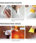 Instruction steps using 12 Colors Wood Filler Sticks Wax Crayons For Quick Fixes On Wood Furniture, showing repair process for scratches and holes.