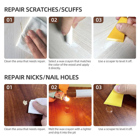 Instruction steps using 12 Colors Wood Filler Sticks Wax Crayons For Quick Fixes On Wood Furniture, showing repair process for scratches and holes.