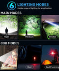 Rechargeable LED Flashlight 990000 Lumen Beast Mode Brightness With 6 Modes display showing High, Medium, Strobe, Red, COB Light Modes