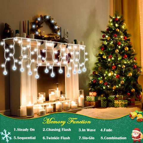 Dope Christmas Globe Curtain Lights 11.5Ft 96LED Crystal Ball Fairy Lights With Plug In Waterproof hung on a fireplace