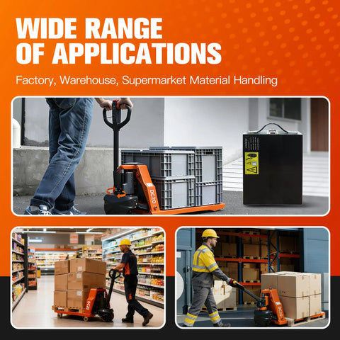 High Capacity 48V Lithium Pallet Jack Battery Compatible With Mboifea Electric Carts in use for warehouse and factory material handling.