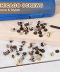 Super Slick Chicago Screws And Leather Rivets For Belt Bags M5 X 8mm Bronze Tone 80 Piece Heavy Duty Hardware Kit on a workbench.