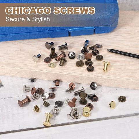 Super Slick Chicago Screws And Leather Rivets For Belt Bags M5 X 8mm Bronze Tone 80 Piece Heavy Duty Hardware Kit on a workbench.