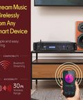 2 Channel Rack Mount Power Amplifier With Bluetooth 2000W Peak Bridgeable shown with speaker, smartphone streaming music