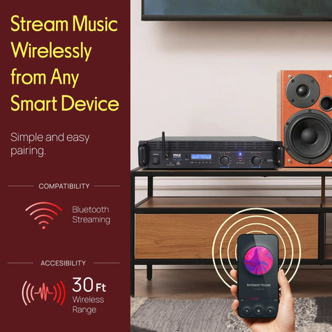 2 Channel Rack Mount Power Amplifier With Bluetooth 2000W Peak Bridgeable shown with speaker, smartphone streaming music