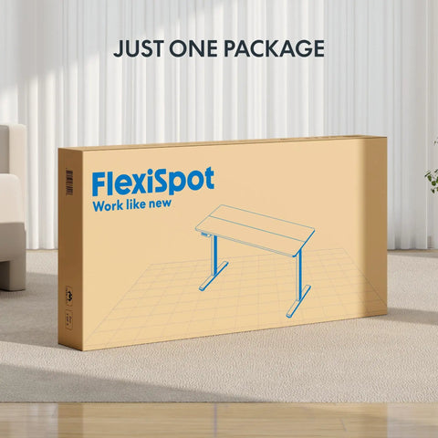 FLEXISPOT 40x24 Inch Electric Standing Desk White Ergonomic Height Adjustable Sit Stand Workstation packaging box on floor.