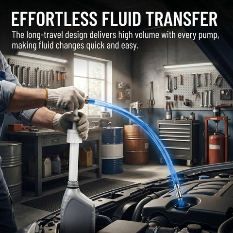 Hustle Free Lower Unit Gear Oil Pump With Sweet Precision Eight Cubic Centimeter Per Stroke fitted to quart jug for fluid transfer.