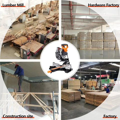 Heavy Duty 10 Inch Dual Bevel Sliding Miter Saw With Bright LED Light and 48 Tooth Blade in use at a lumber mill and construction site.