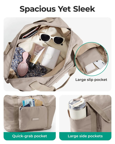 Inside view of Foldable 37L Travel Bag That Expands Into A Spacious Weekender For Women, showing interior pockets and storage space.