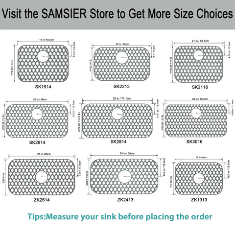 Image showing various sizes of silicone sink mats with measurements and tips for choosing the right size.
