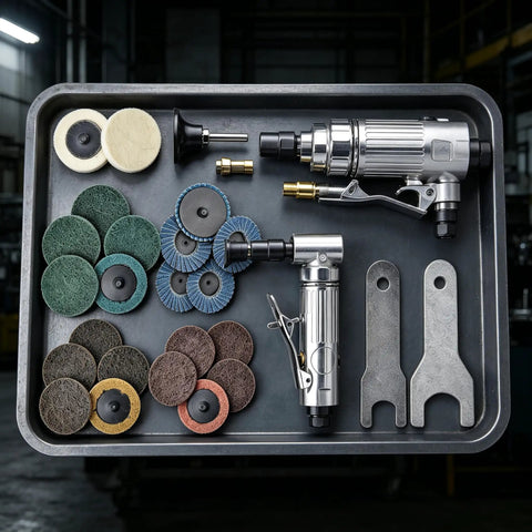 1/4 Inch Angle Air Die Grinder Badass Heavy Duty Tool With 22 Piece Quick Change Sanding Kit on tray with various sanding discs and attachments.