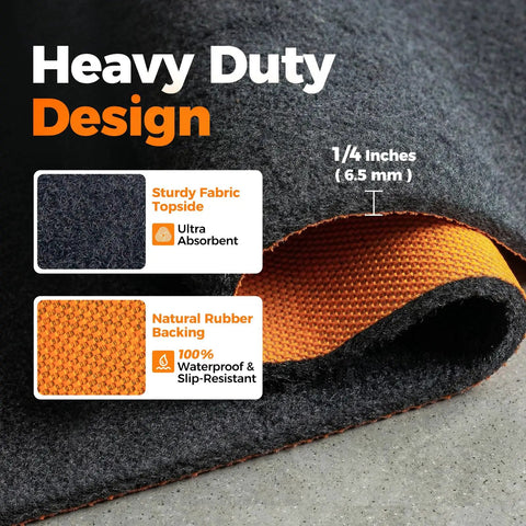 Heavy Duty Oil Spill Mat For Garage Floor Under Car 64 By 32 Inches Waterproof With Durable One Quarter Inch Rubber Backing Reusable Absorbs All Types Of Oil And Fluid Spills In Black showing fabric and rubber layers