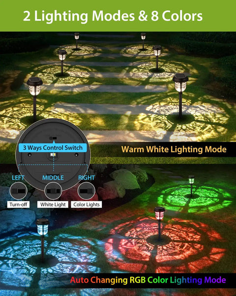 Six Pack RGBW Solar Pathway Lights Outdoor With Auto On Off IP65 Waterproof LED Garden Path Lights illuminated in yard