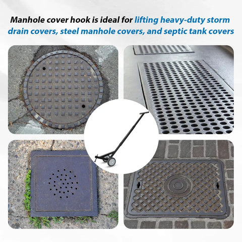 Heavy Duty Manhole Cover Hook With Double Wheels For Easy One Person Lifting Of Storm Drains Sewer Lids Septic Tanks And Steel Covers