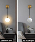 Brushed Gold Modern Wall Sconces Set Of Two With Milky White Hanging Globe Glass Shade Indoor Wall Lighting for Bedroom Decor