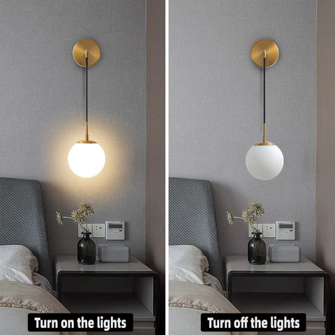 Brushed Gold Modern Wall Sconces Set Of Two With Milky White Hanging Globe Glass Shade Indoor Wall Lighting for Bedroom Decor