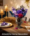 Purple Rose Bouquet Building Kit For Adults And Women, Lifelife 12 Piece Floral Set in glass vase on dining table