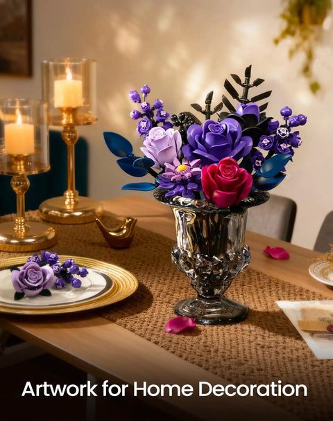 Purple Rose Bouquet Building Kit For Adults And Women, Lifelife 12 Piece Floral Set in glass vase on dining table