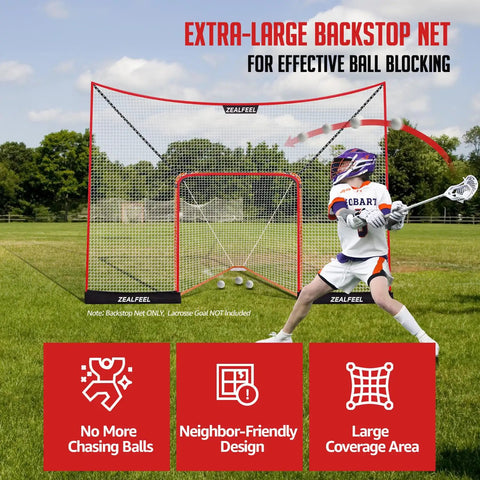 Ultra Large 14x10 Ft Lacrosse Backstop Net For Shooting Practice Extra Coverage To Stop Missed Shots with fiberglass poles, netting, and sandbags