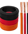 Top Shelf Heavy Duty EV High Voltage Cable 350 Kcmil XLPE Insulated 1500V DC Power Line coils in black, red, and orange.