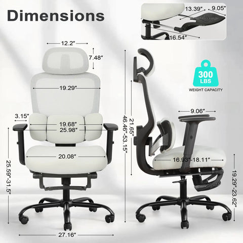 Dimensions of ergonomic office chair with footrest and mesh back, adjustable headrest, armrests, and dynamic floating wing lumbar.