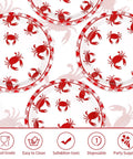 Heavy Duty Crab Boil Paper Plates, 9 Inch Disposable Party Platter Set with red crab designs for seafood feasts.