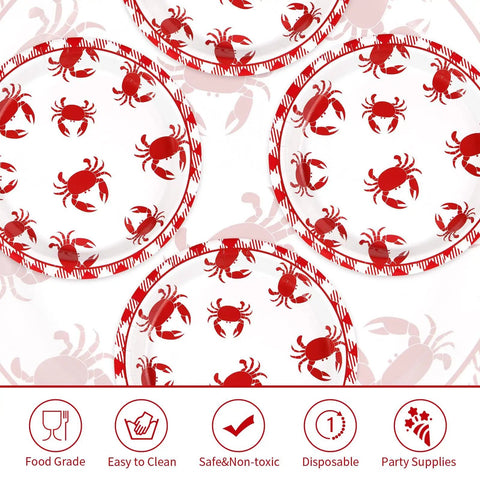 Heavy Duty Crab Boil Paper Plates, 9 Inch Disposable Party Platter Set with red crab designs for seafood feasts.