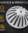 Heavy Duty Aluminum Floor Drain Dome Cover 5-1/2 Inch Width By 2-1/4 Inch Height, Dome Strainer For Restaurants Home Kitchens Bars Buffets And Food Service, Rustproof Clog Guard, Durable 10 Pack shown in close-up with features listed.