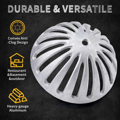 Heavy Duty Aluminum Floor Drain Dome Cover 5-1/2 Inch Width By 2-1/4 Inch Height, Dome Strainer For Restaurants Home Kitchens Bars Buffets And Food Service, Rustproof Clog Guard, Durable 10 Pack shown in close-up with features listed.