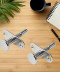 Dead Simple Spring Loaded Plunger Latches 2 Pack Rock Solid Stainless Steel Quick Release Cabinet Door heavy duty hardware on wooden surface.