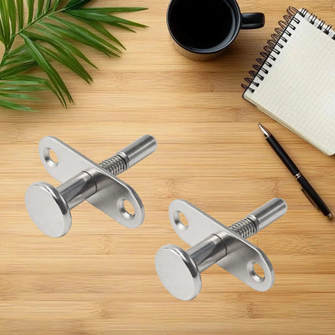 Dead Simple Spring Loaded Plunger Latches 2 Pack Rock Solid Stainless Steel Quick Release Cabinet Door heavy duty hardware on wooden surface.