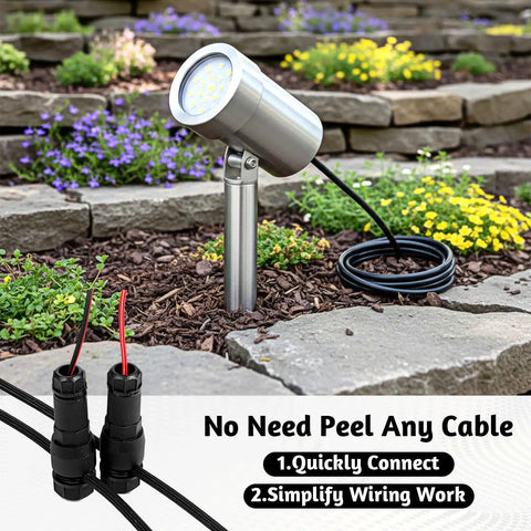60 Pack Low Voltage Waterproof Landscape Light Cable Connectors beside path light, Quick Connect Fastlock style