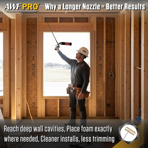 Worker using Pro Spray Foam Gun With Two Foot Long Nozzle For Tight Gaps, High Precision Adjustable Flow Control in construction site