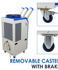 Heavy Duty Portable Air Conditioner That Kicks Butt On Roasting Days With Blistering 22178 Btu Cooling and Snappy 910 Cubic Meter Per Hour Airflow For Garage Workshops And Patios with visible removable casters.