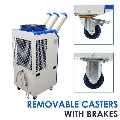 Heavy Duty Portable Air Conditioner That Kicks Butt On Roasting Days With Blistering 22178 Btu Cooling and Snappy 910 Cubic Meter Per Hour Airflow For Garage Workshops And Patios with visible removable casters.