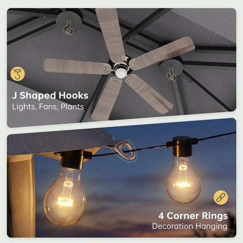 Ceiling view of 12 By 10 Foot Gazebo With Double Roof And Mosquito Netting For Outdoor Parties showing hooks and lights setup.