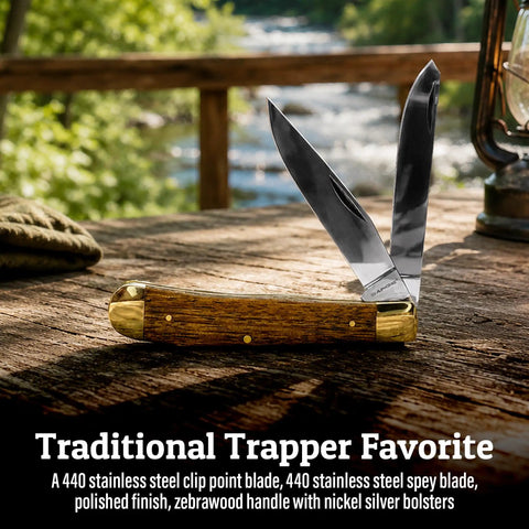 Scout Trapper Dual Blade Pocket Knife 3-Inch Clip Point And 3-Inch Spey Blades In Polished 440 Stainless Steel Zebrawood Handle
